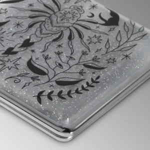 Scorpio clear glitter zodiac joint case by Cannabitches, top view of scorpion art lid