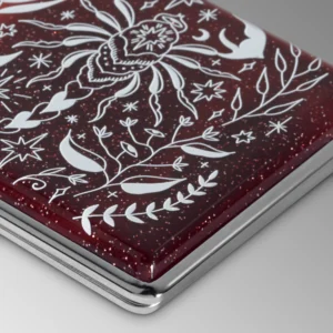 Scorpio red glitter zodiac joint case by Cannabitches, open with engraved panels