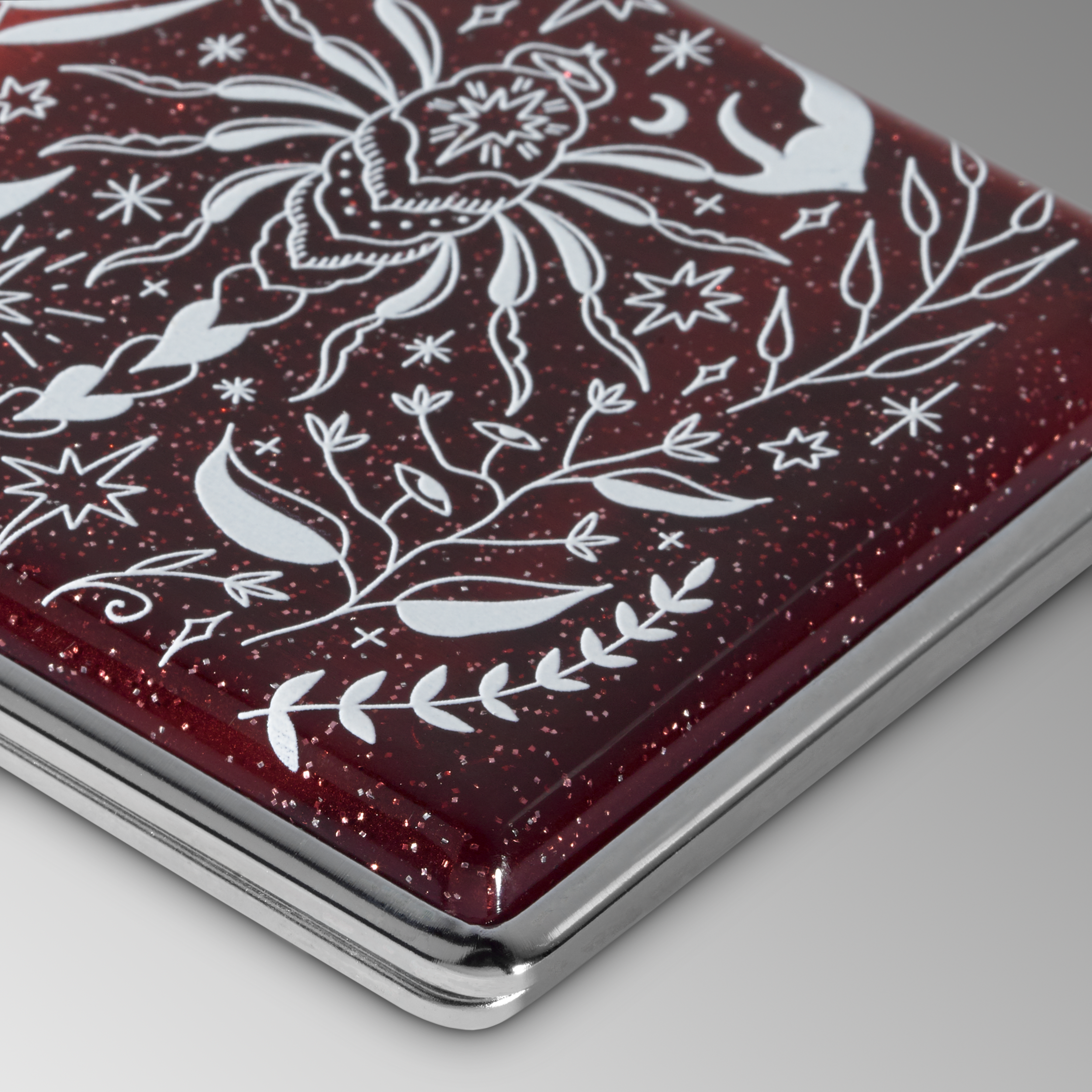 Scorpio red glitter zodiac joint case by Cannabitches, open with engraved panels