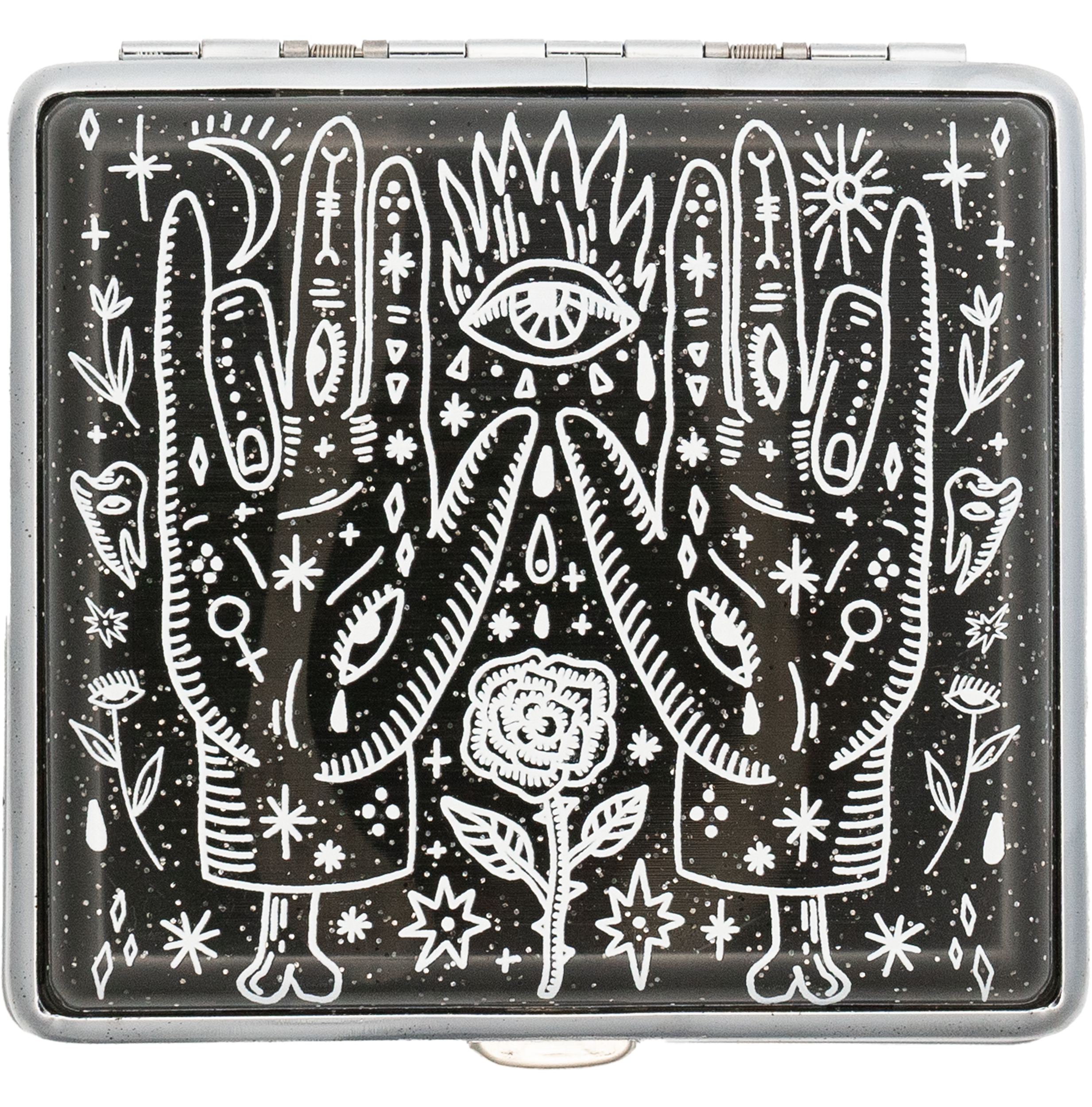 Sun Mudra joint case by Cannabitches, black ritual stash box with white hand art