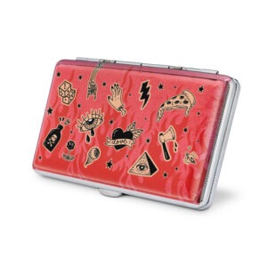 Sweet Vices pink metal joint case by Cannabitches, closed with white doodle tattoo art