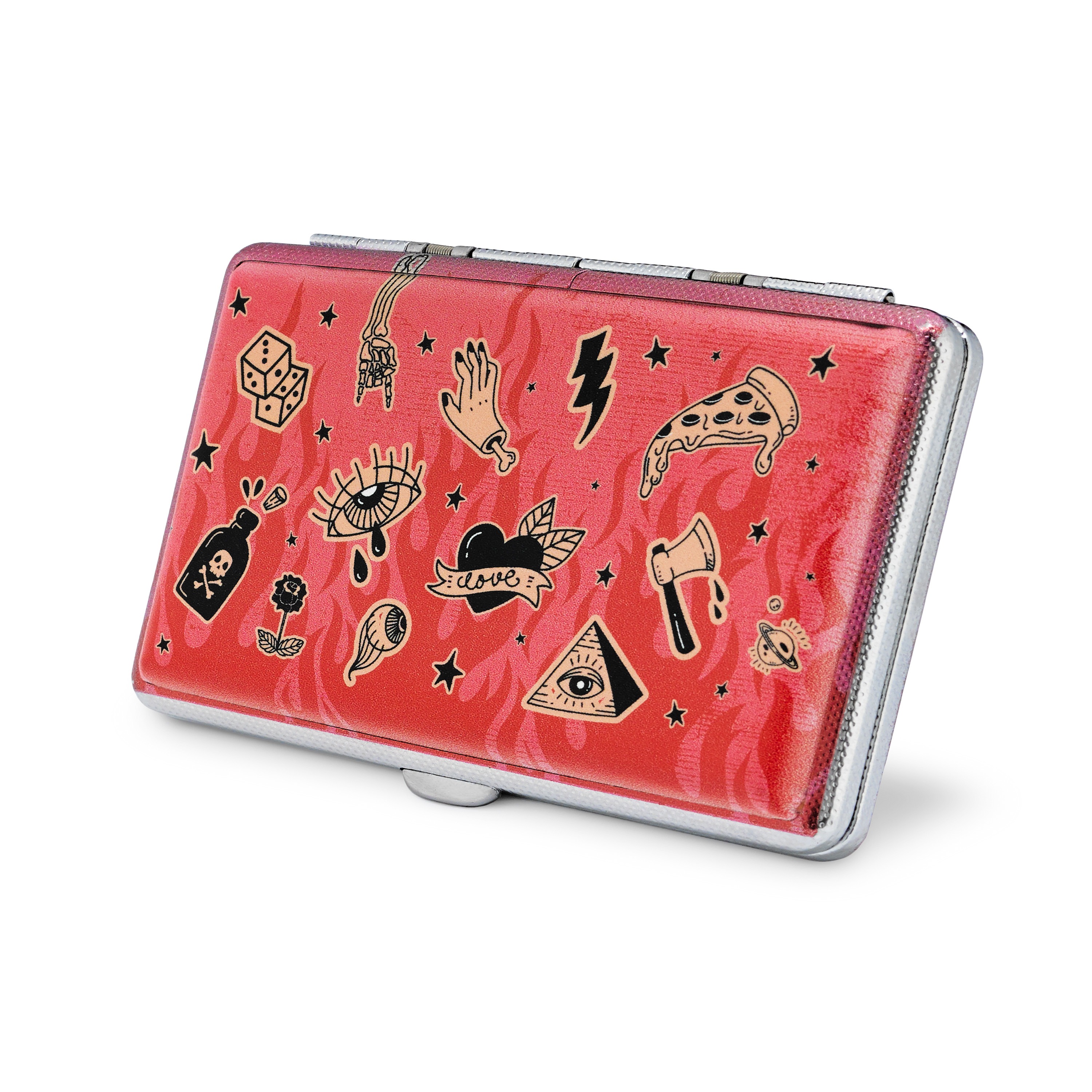 Sweet Vices pink metal joint case by Cannabitches, closed with white doodle tattoo art
