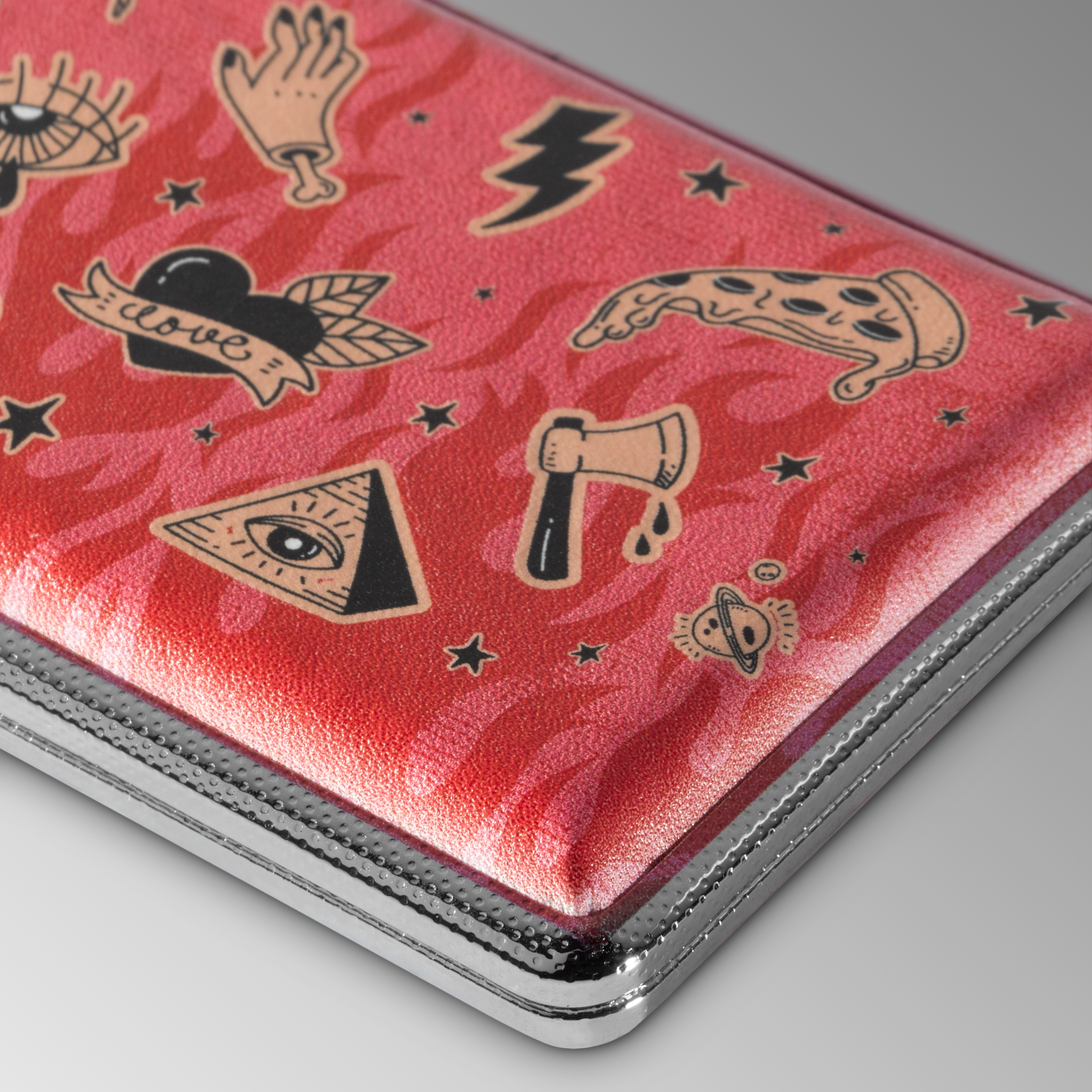 Sweet Vices pink joint case by Cannabitches, angled view of tattoo-style art lid