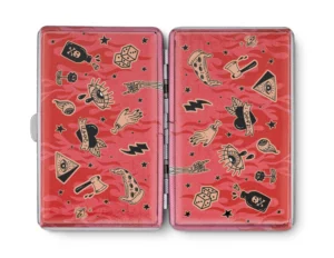 Sweet Vices pink metal joint case by Cannabitches, open showing patterned interior