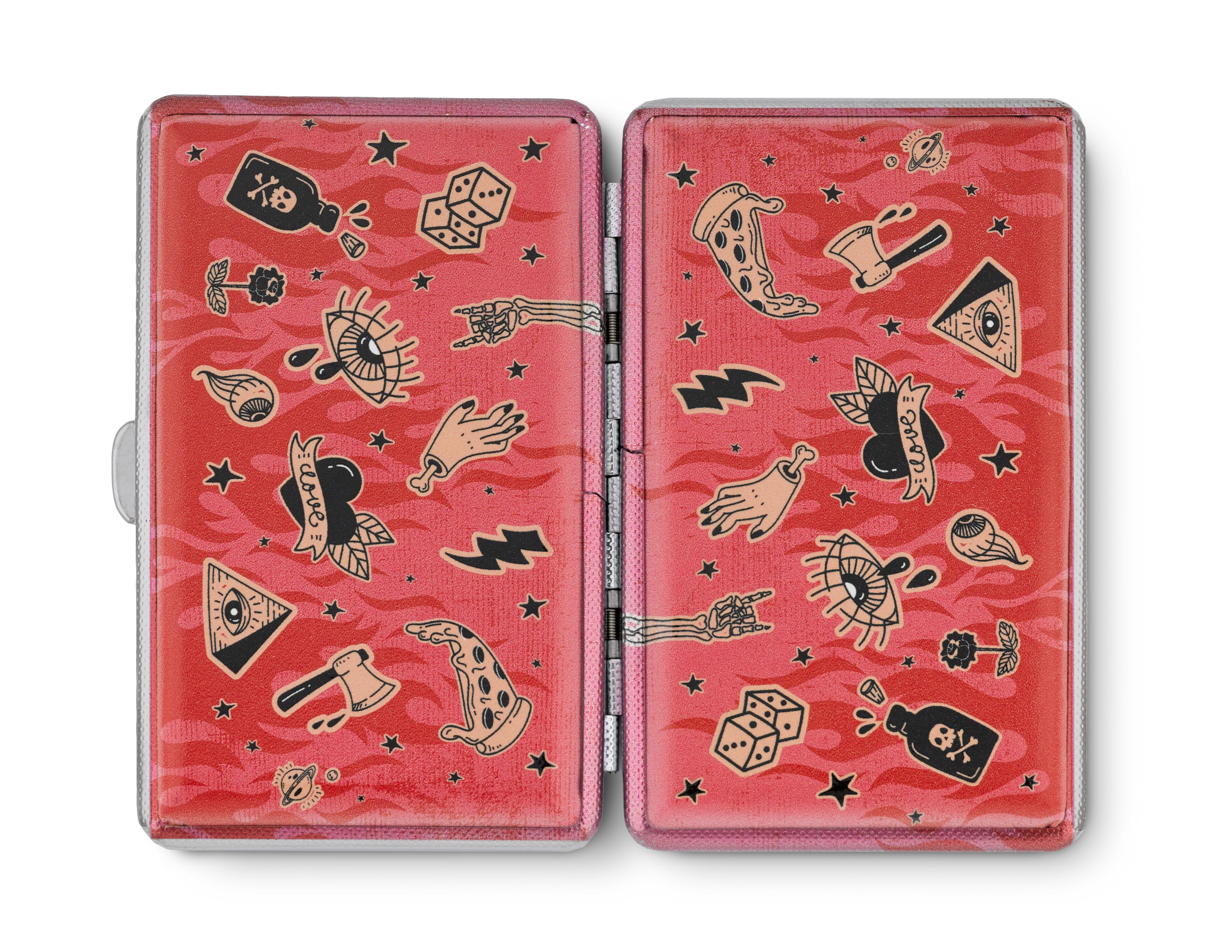 Sweet Vices pink metal joint case by Cannabitches, open showing patterned interior