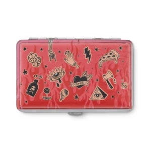 Sweet Vices joint case by Cannabitches, pink metal stash box with sticker-style art