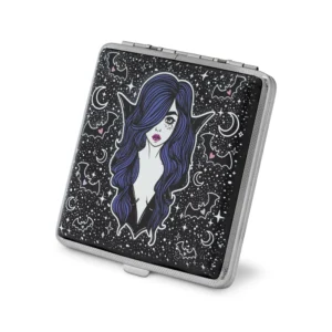 Vampire Babe joint case by Cannabitches, black gothic case, three-quarter angle