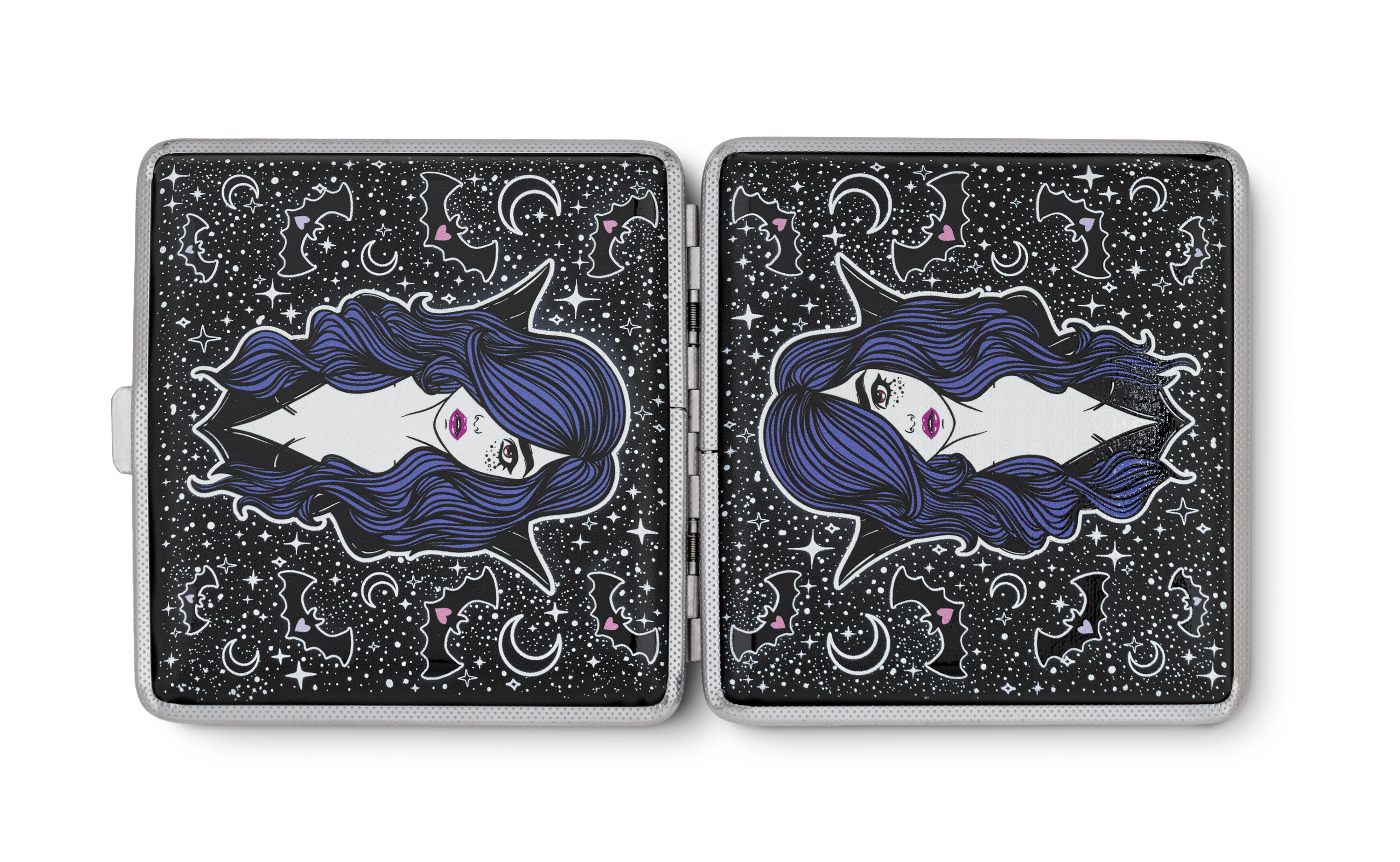 Vampire Babe joint cases by Cannabitches, two black cases open flat side by side