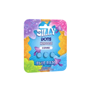 Purple Silly Dots hero dose tabs in blue razz, colorful pouch with dot tablets