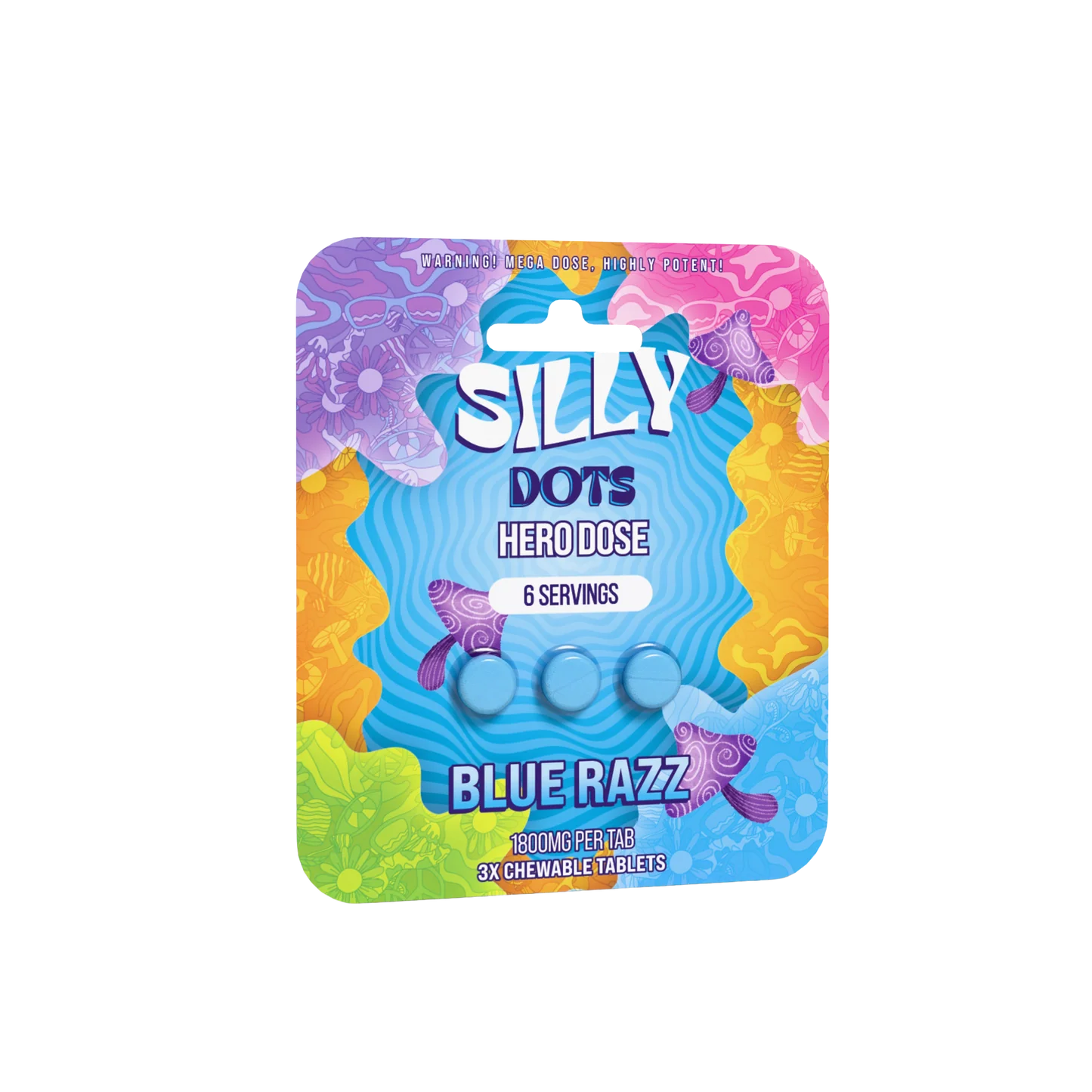 Purple Silly Dots hero dose tabs in blue razz, colorful pouch with dot tablets