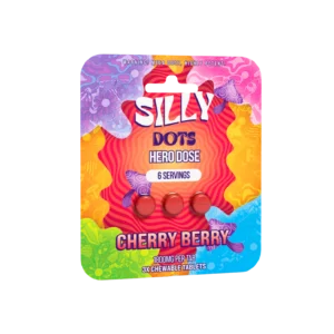 Purple Silly Dots hero dose tabs in cherry berry, colorful pouch with dot tablets