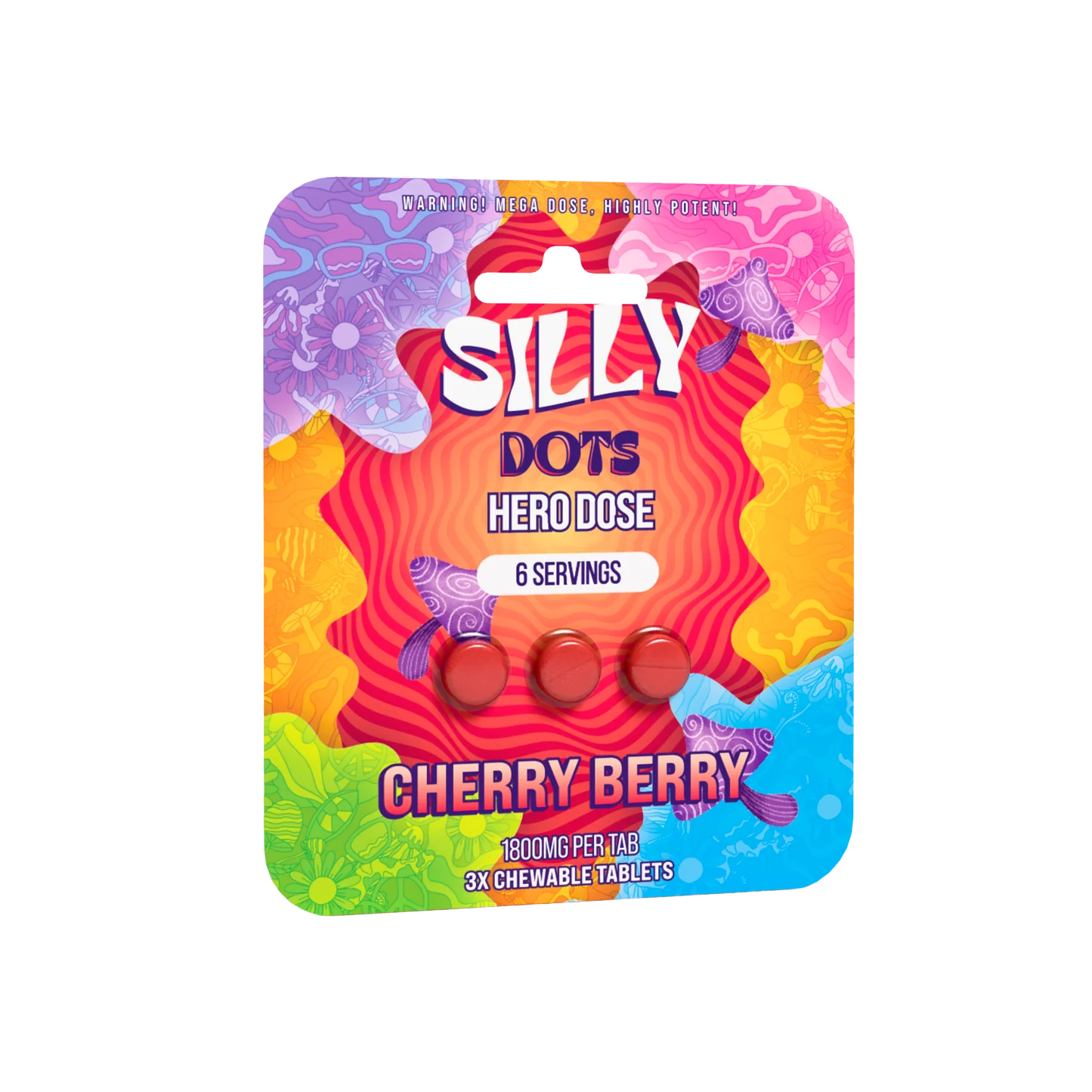 Purple Silly Dots hero dose tabs in cherry berry, colorful pouch with dot tablets