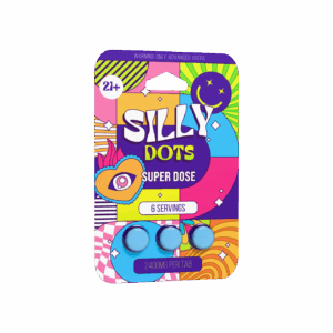 Purple Silly Dots super dose tabs in purple psychedelic pouch with blue dot tablets