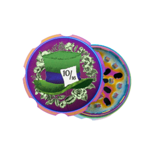 Mad Hatter metal grinder by Ella Dandelion, rainbow grinder with green top hat art