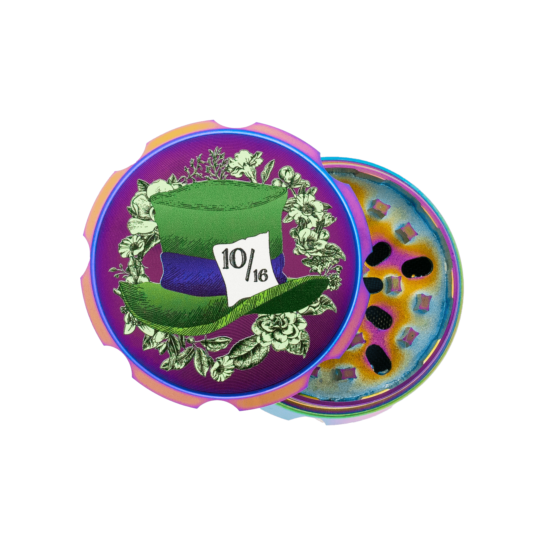 Mad Hatter metal grinder by Ella Dandelion, rainbow grinder with green top hat art