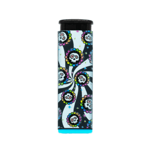 Candy Skull refillable torch lighter with swirling dead head art, blue base