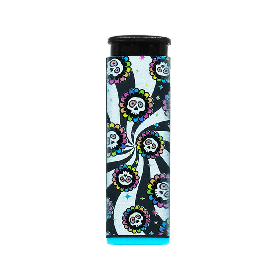 Candy Skull refillable torch lighter with swirling dead head art, blue base