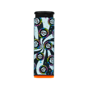 Candy Skull refillable torch lighter with swirling sugar skull artwork and orange base