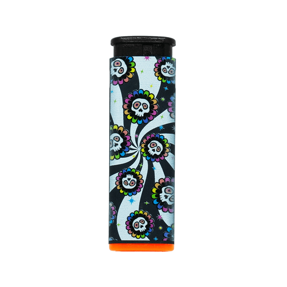 Candy Skull refillable torch lighter with swirling sugar skull artwork and orange base