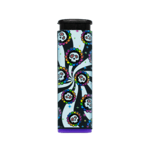 Candy Skull refillable torch lighter with swirling dead head art, purple base