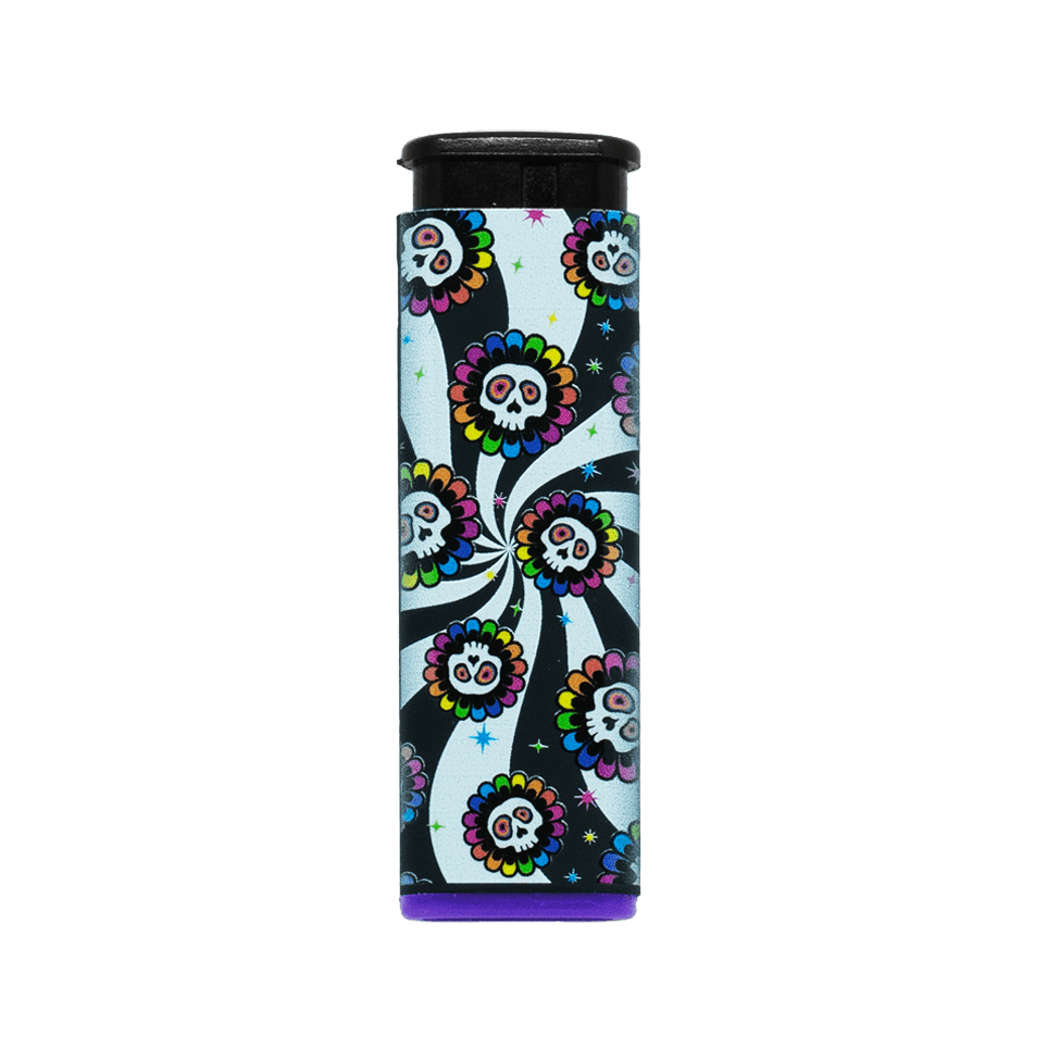 Candy Skull refillable torch lighter with swirling dead head art, purple base