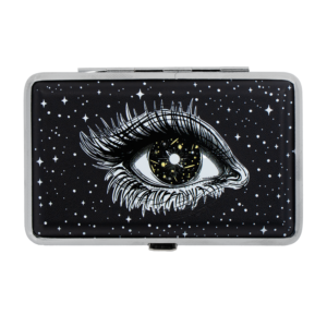 Cosmic Eye joint stash case by Cannabitches, black case with single eye and stars