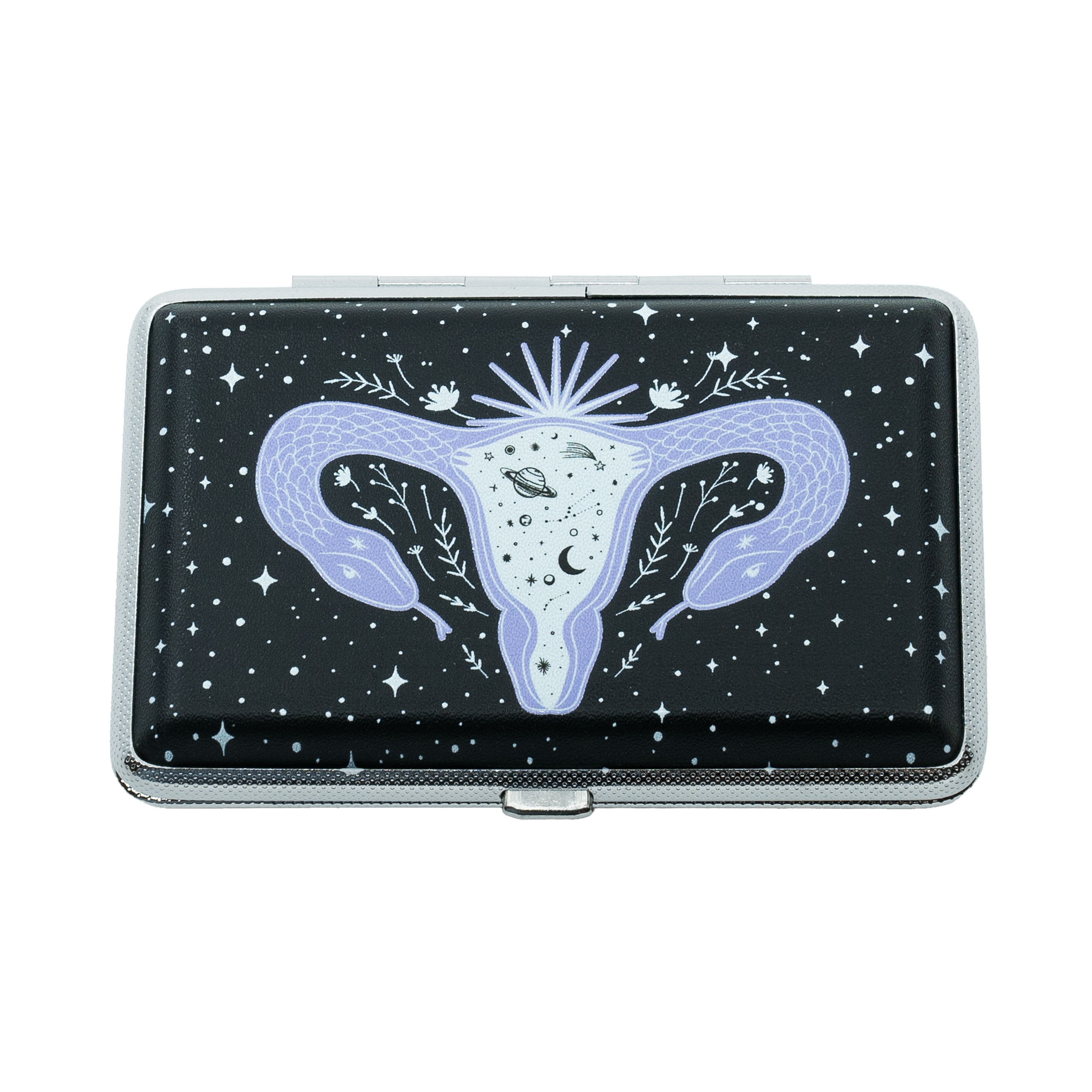 Cosmic Womb wallet stash case by Cannabitches, black case with purple celestial womb art