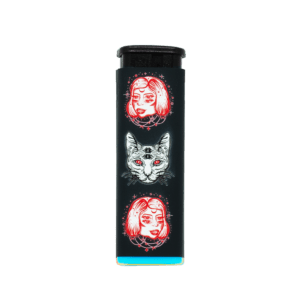 Cosmic Cat refillable torch lighter, black with double-sided red cat face artwork