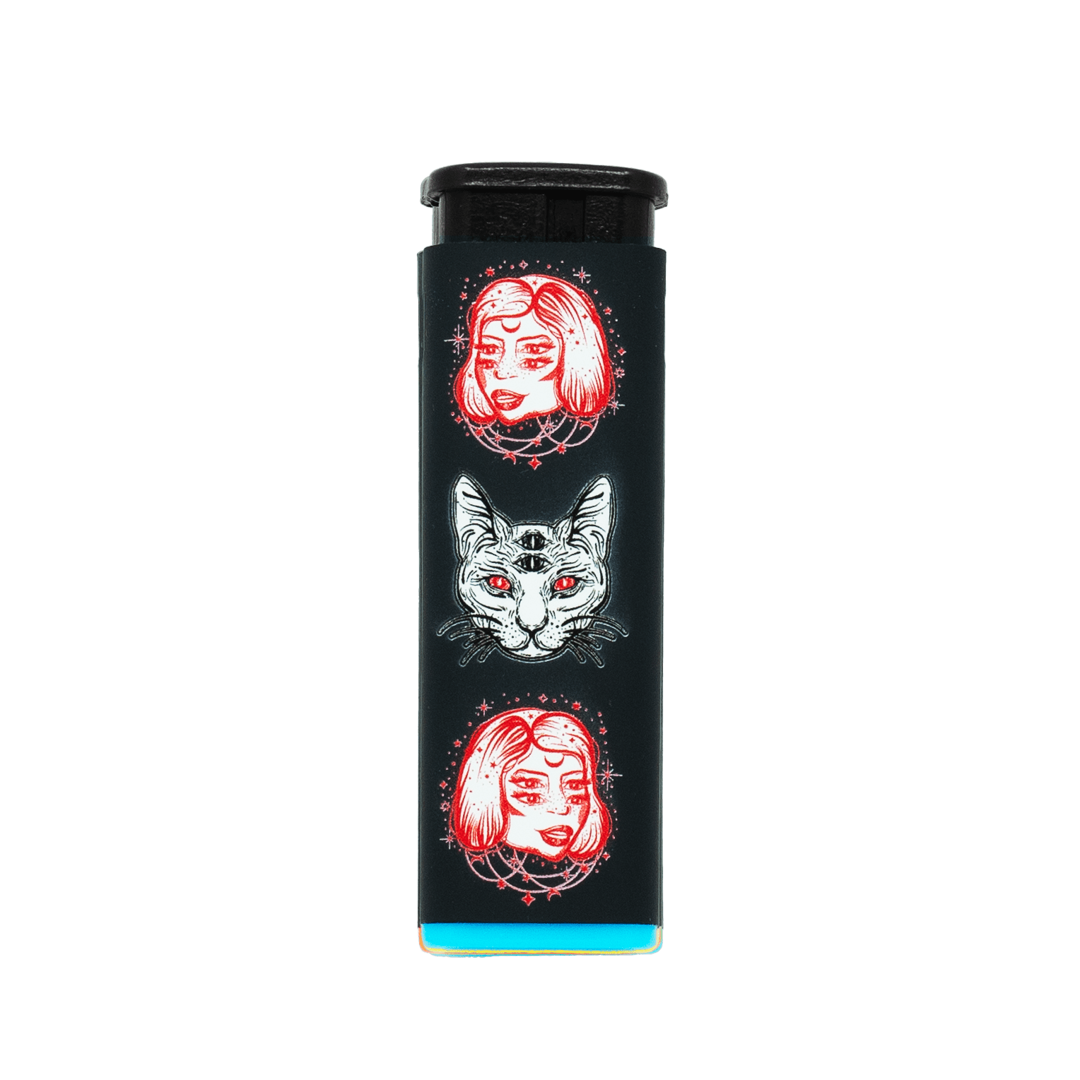 Cosmic Cat refillable torch lighter, black with double-sided red cat face artwork
