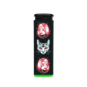 Cosmic Cat refillable torch lighter with double-sided red cat art, green base