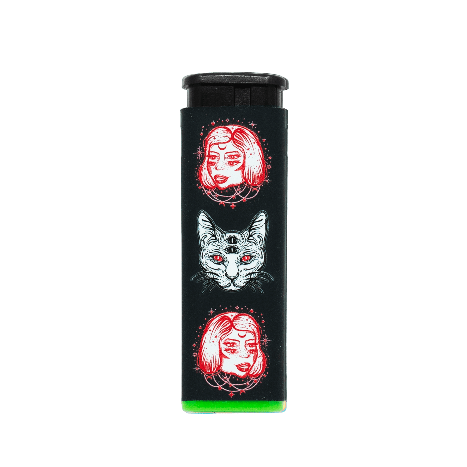 Cosmic Cat refillable torch lighter with double-sided red cat art, green base
