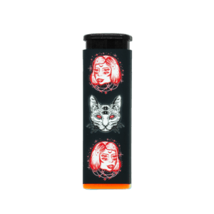 Cosmic Cat refillable torch lighter with double-sided red cat art, orange base