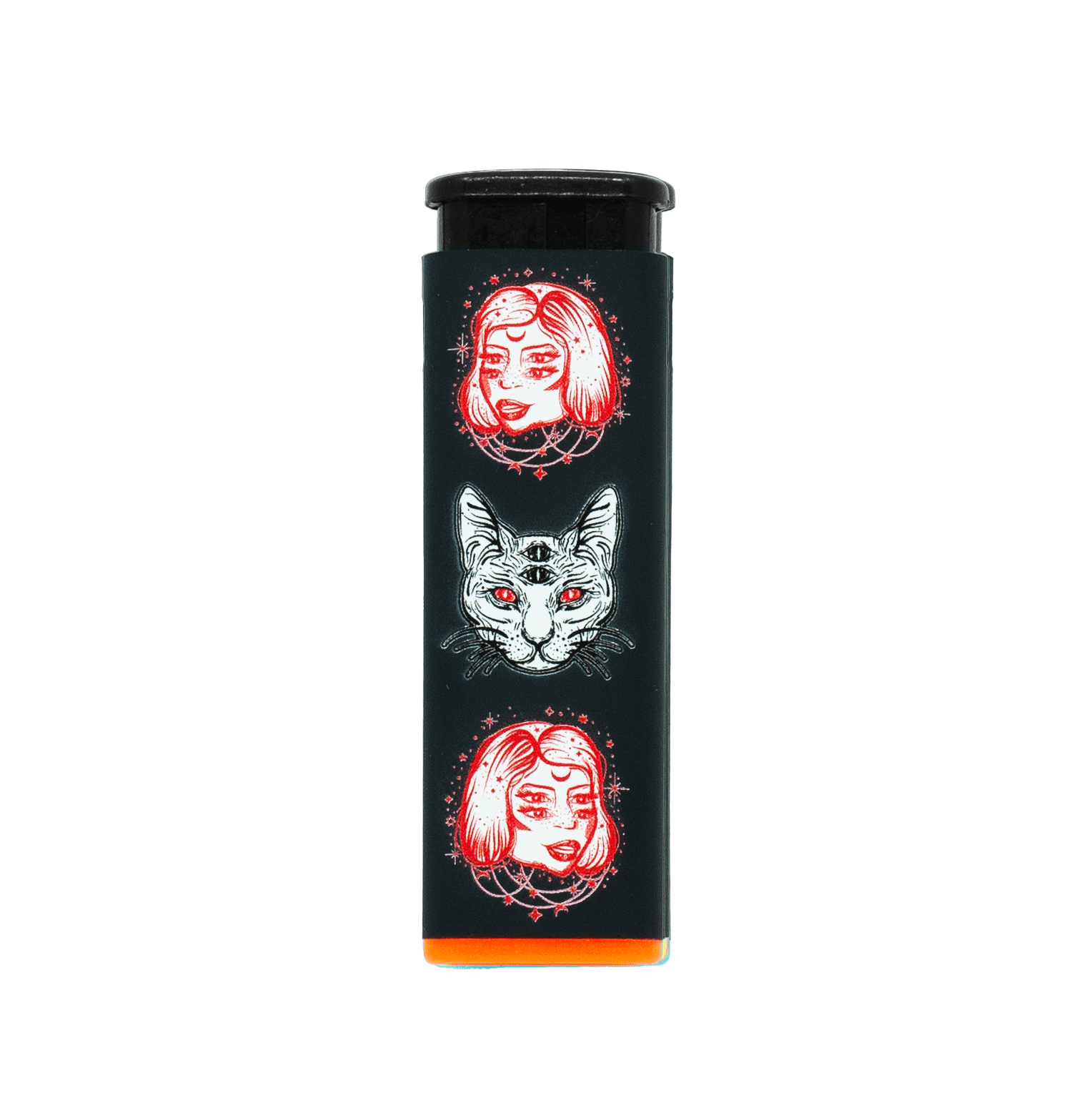 Cosmic Cat refillable torch lighter with double-sided red cat art, orange base