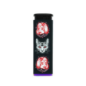 Cosmic Cat refillable torch lighter with double-sided red cat art, purple base
