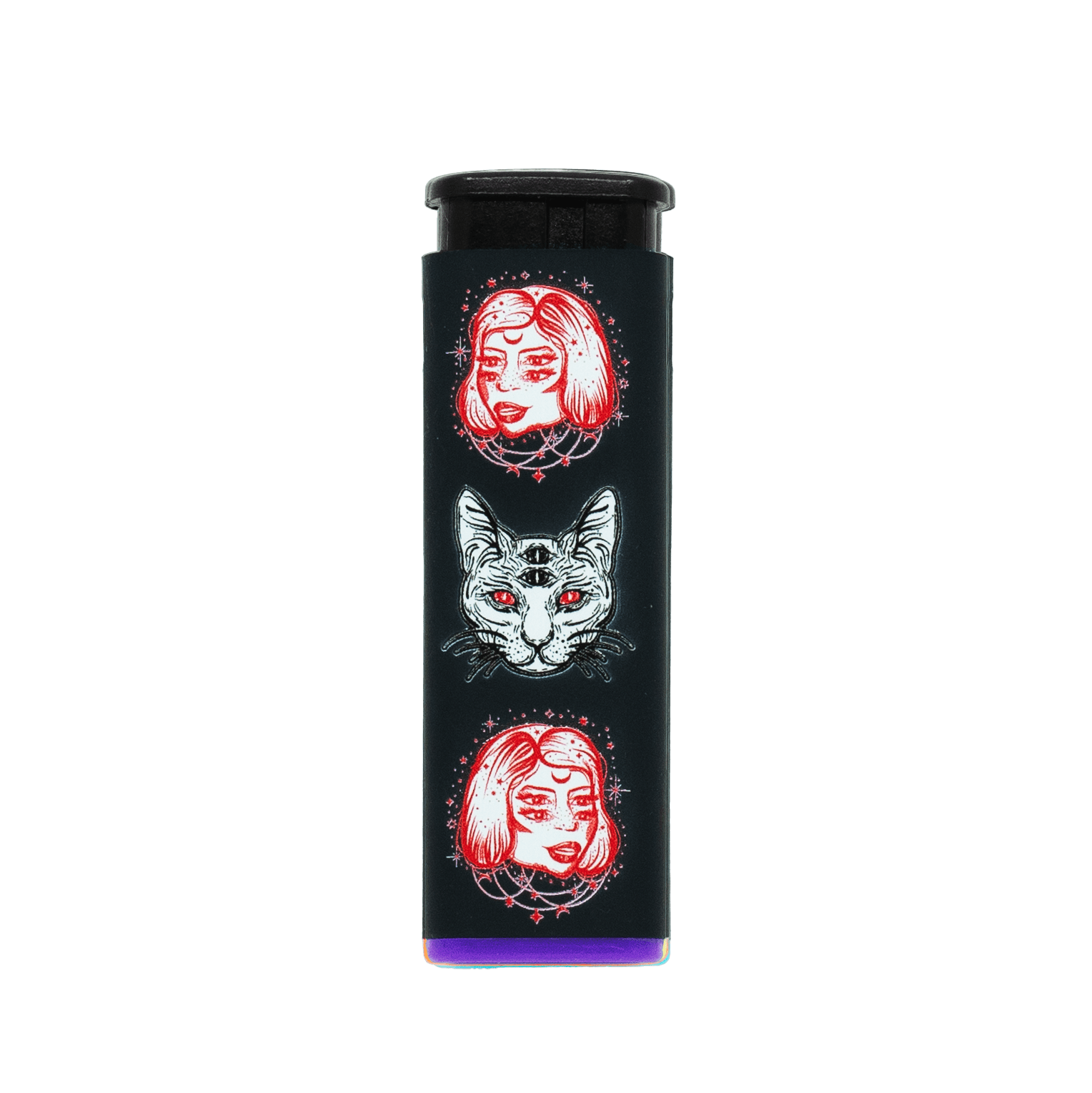 Cosmic Cat refillable torch lighter with double-sided red cat art, purple base