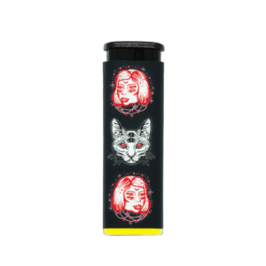 Cosmic Cat refillable torch lighter with double-sided red cat art, yellow base