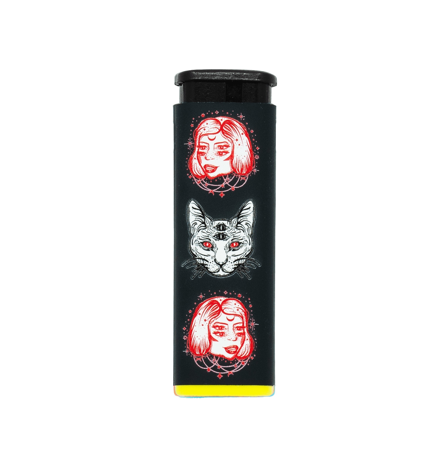 Cosmic Cat refillable torch lighter with double-sided red cat art, yellow base