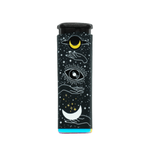 Cosmic Stardust refillable torch lighter, black with cosmic eye art and blue base