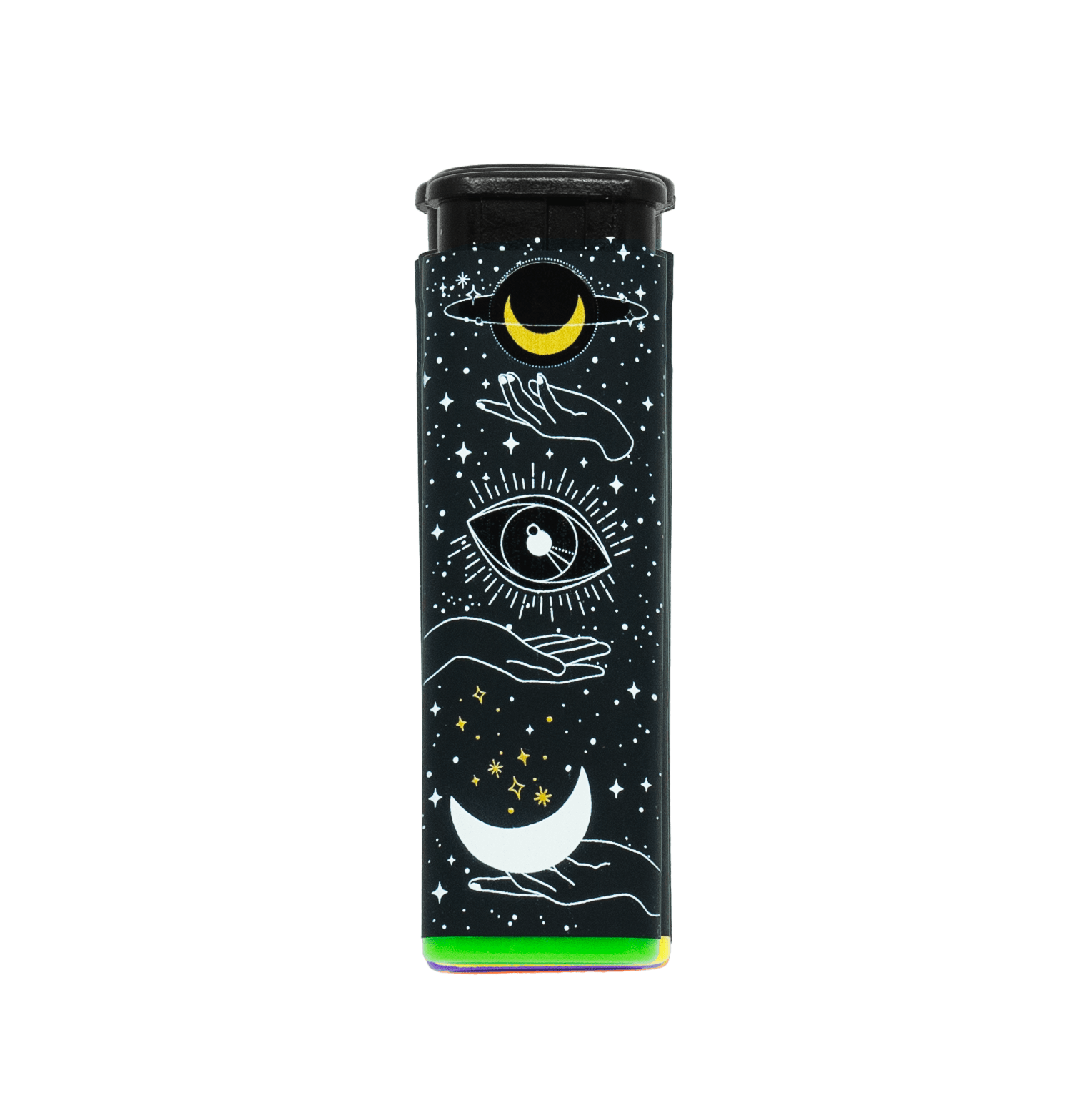Cosmic Stardust refillable torch lighter, black with cosmic eye art and green base
