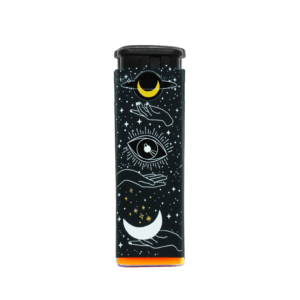 Cosmic Stardust refillable torch lighter, black cosmic eye art with orange base