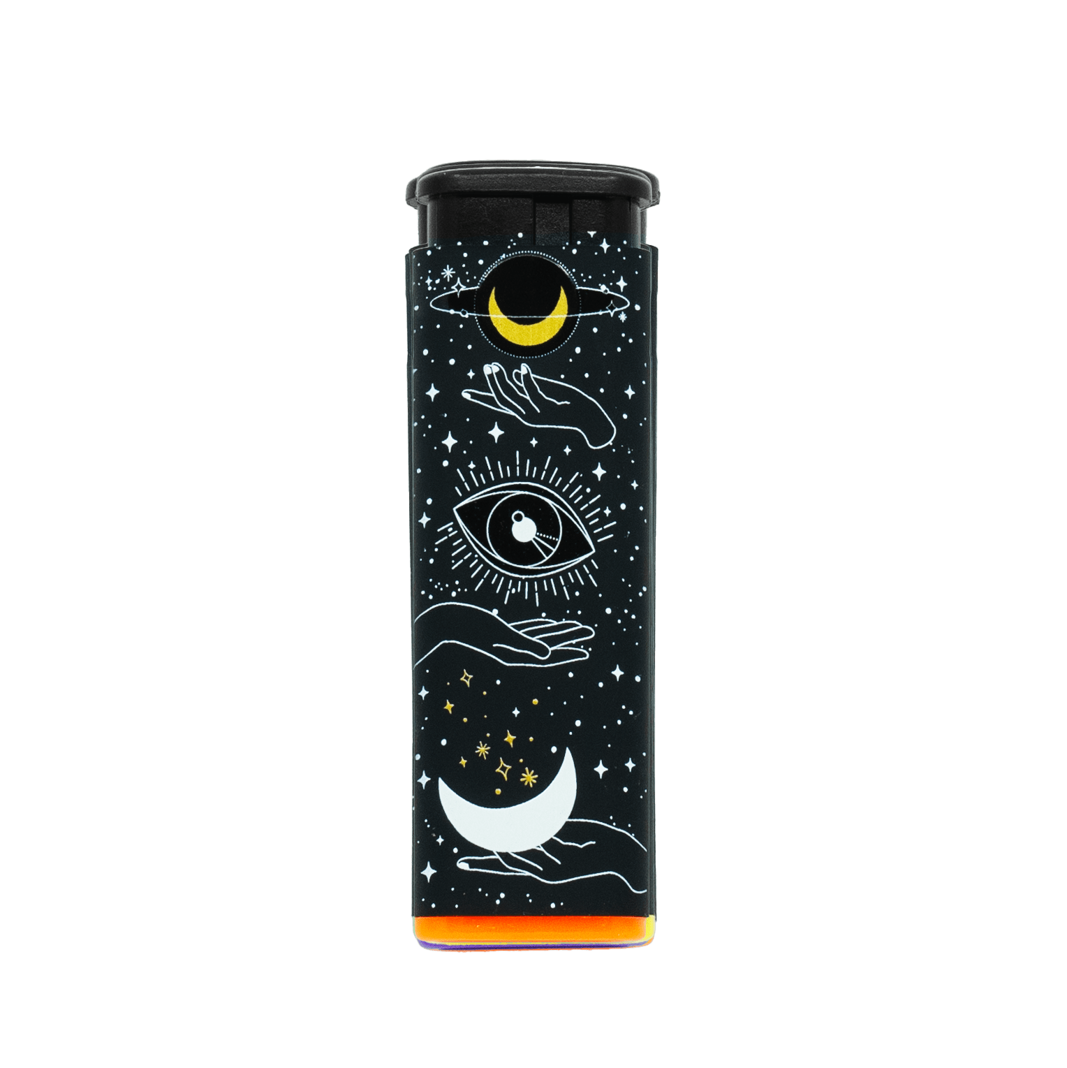 Cosmic Stardust refillable torch lighter, black cosmic eye art with orange base