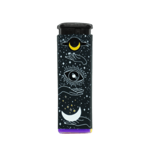 Cosmic Stardust refillable torch lighter, black cosmic eye art with purple base