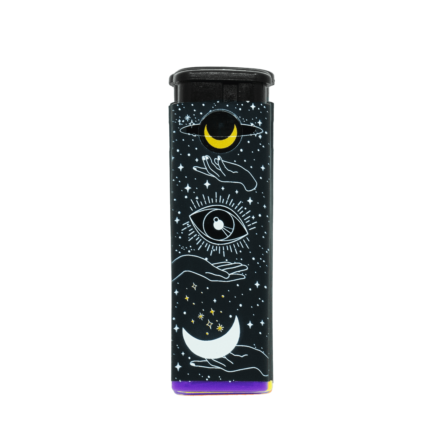 Cosmic Stardust refillable torch lighter, black cosmic eye art with purple base