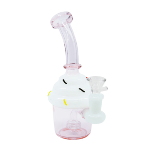 Cupcake Bong in pink, glass dessert-themed water pipe with white frosting accents