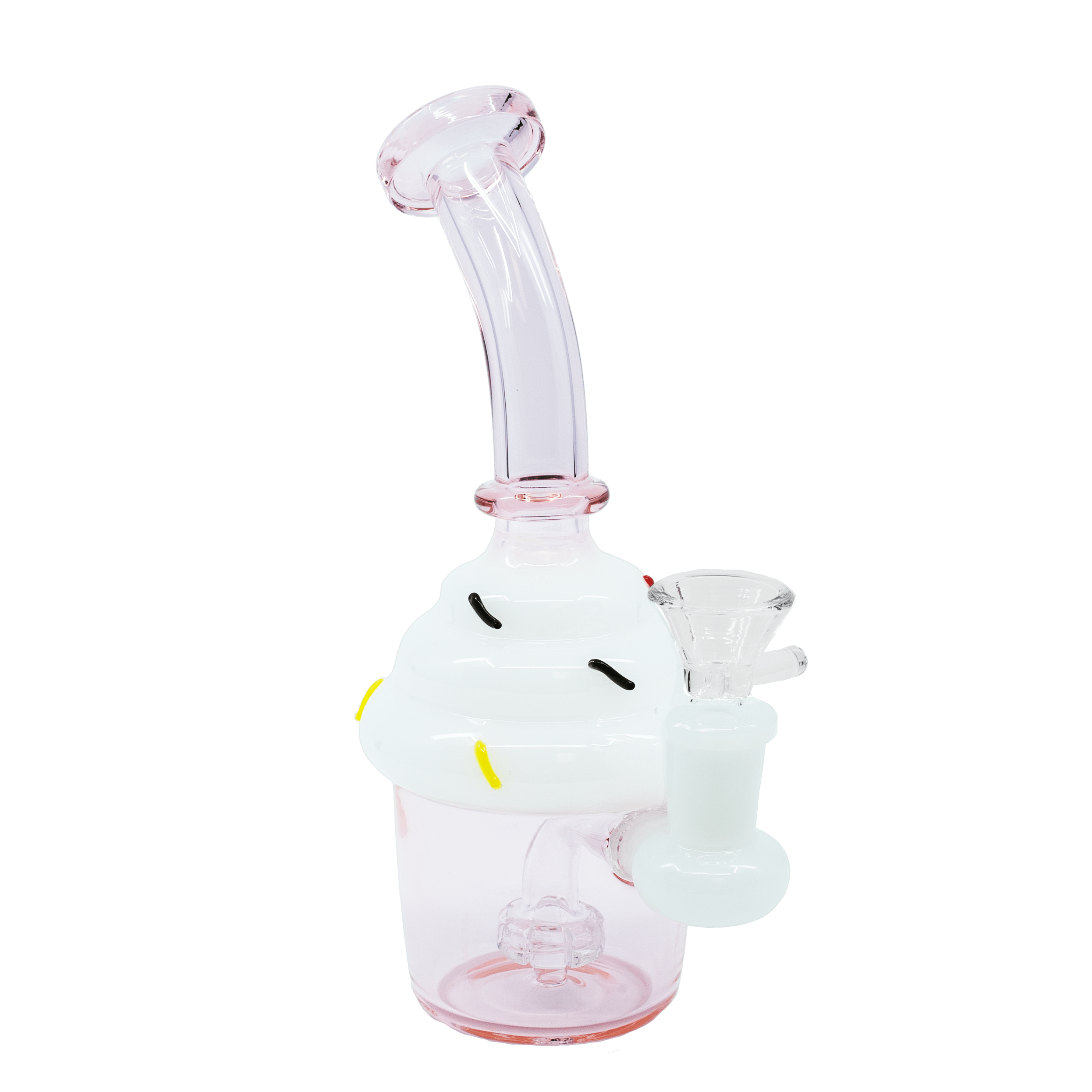 Cupcake Bong in pink, glass dessert-themed water pipe with white frosting accents