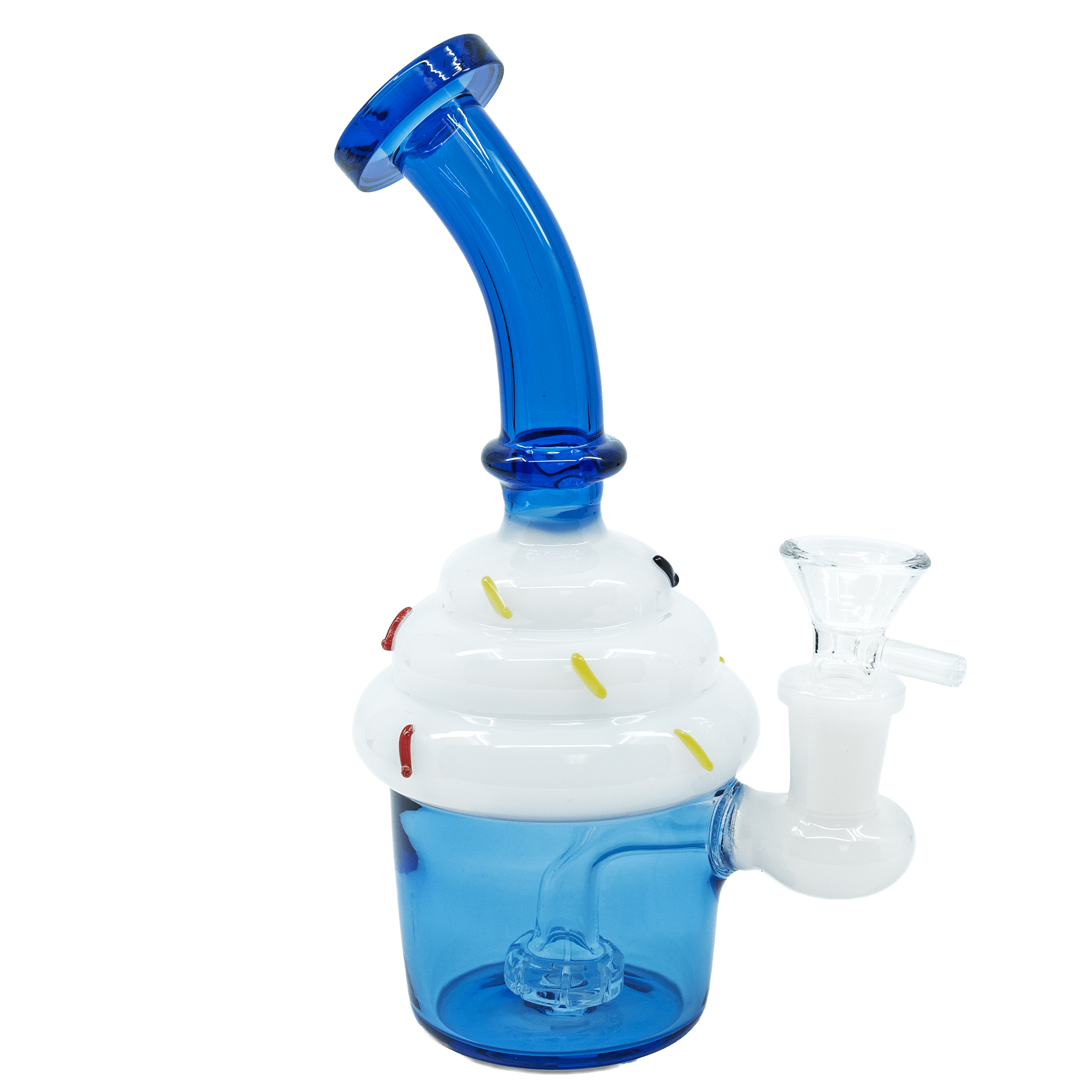 Cupcake Bong in blue, glass dessert-themed water pipe with blue neck and frosting