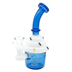 Cupcake Bong in blue, glass dessert-themed water pipe with white frosting accents