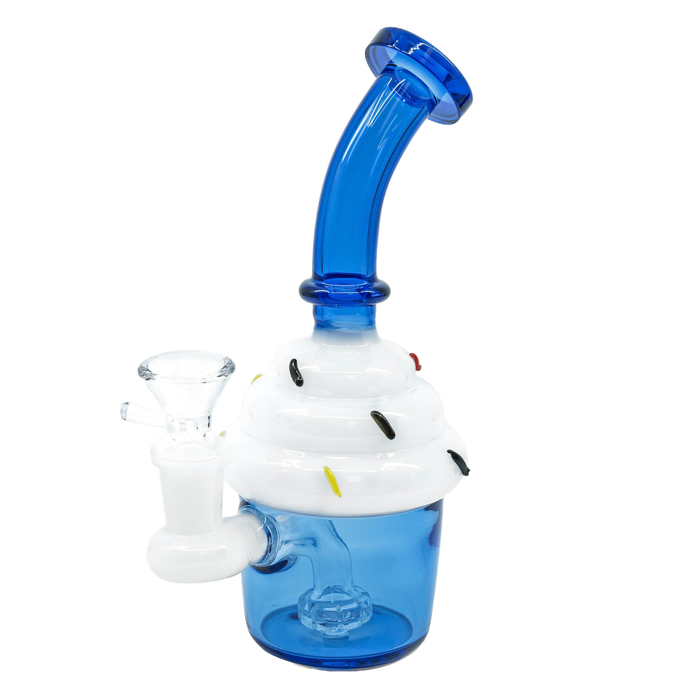Cupcake Bong in blue, glass dessert-themed water pipe with white frosting accents