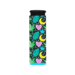 Dank Magic torch lighter by Tarryn Ann, teal hearts and moons art, front view