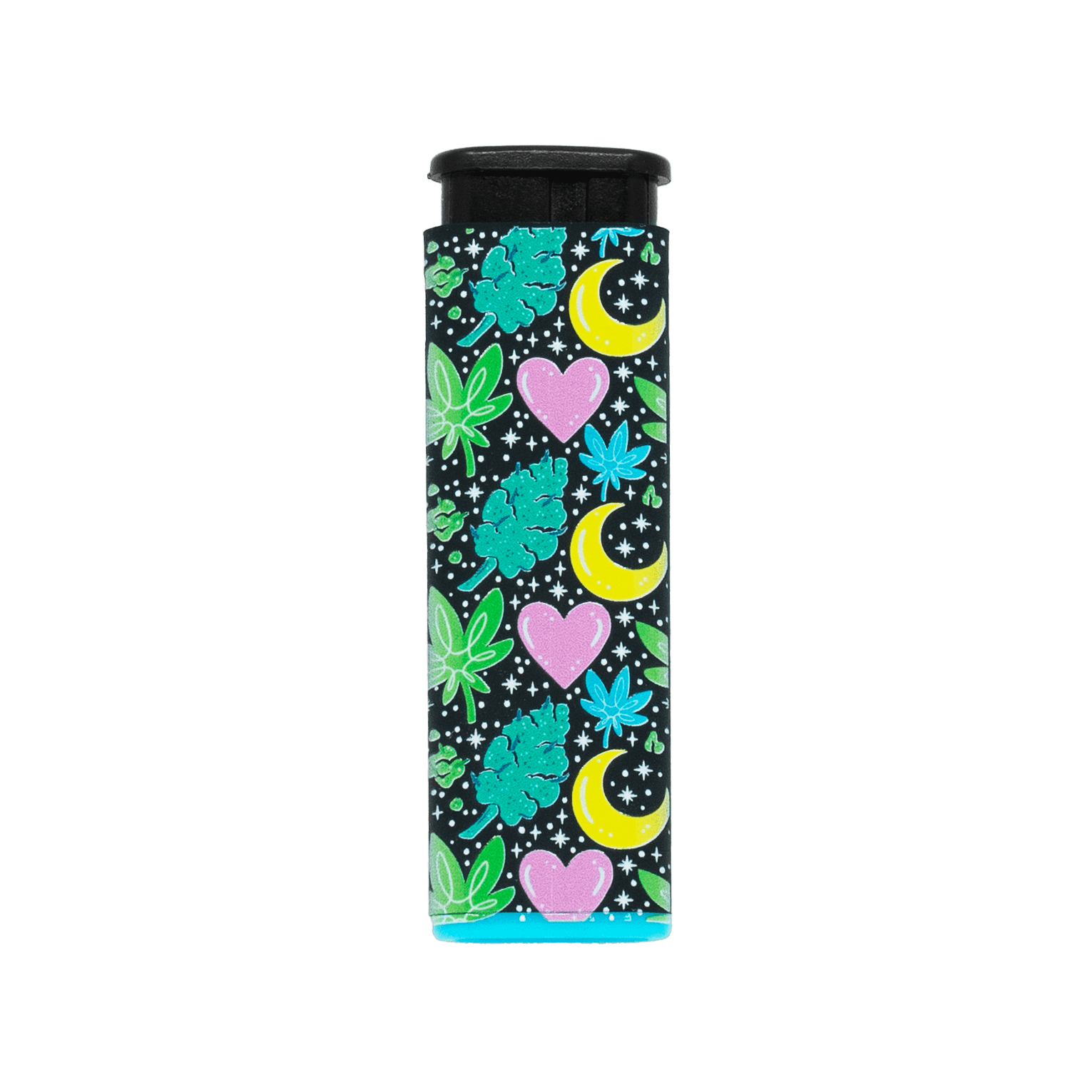 Dank Magic torch lighter by Tarryn Ann, teal hearts and moons art, front view